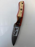 Custom Damascus Hunting Knife, 4" Drop Point Blade, Bear Cutout, Laminated Wood Handle, Leather Sheath - 3