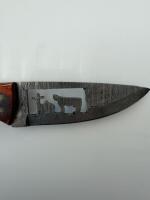 Custom Damascus Hunting Knife, 4" Drop Point Blade, Bear Cutout, Laminated Wood Handle, Leather Sheath - 4