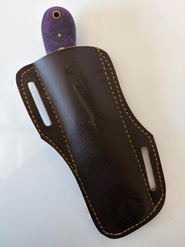 Handmade Damascus Steel Fixed Blade Knife &ndash; Purple Resin Handle, Full Tang, Leather Sheath