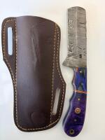 Handmade Damascus Steel Fixed Blade Knife &ndash; Purple Resin Handle, Full Tang, Leather Sheath - 2