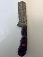 Handmade Damascus Steel Fixed Blade Knife &ndash; Purple Resin Handle, Full Tang, Leather Sheath - 3