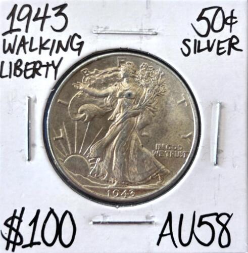 1943 Walking Liberty Half Dollar, 90% Silver, AU58 Grade, Iconic WWII Era U.S. Coin