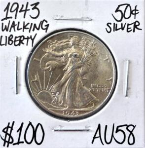 1943 Walking Liberty Half Dollar, 90% Silver, AU58 Grade, Iconic WWII Era U.S. Coin