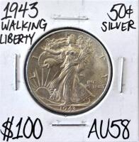 1943 Walking Liberty Half Dollar, 90% Silver, AU58 Grade, Iconic WWII Era U.S. Coin