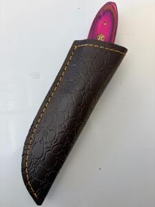 Custom Damascus Fixed-Blade Knife, 4" Blade, Magenta Wood Handle, Leather Sheath