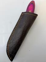 Custom Damascus Fixed-Blade Knife, 4" Blade, Magenta Wood Handle, Leather Sheath