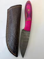 Custom Damascus Fixed-Blade Knife, 4" Blade, Magenta Wood Handle, Leather Sheath - 2