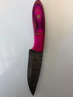 Custom Damascus Fixed-Blade Knife, 4" Blade, Magenta Wood Handle, Leather Sheath - 3