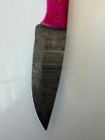 Custom Damascus Fixed-Blade Knife, 4" Blade, Magenta Wood Handle, Leather Sheath - 4