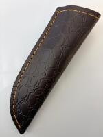 Custom Damascus Fixed-Blade Knife, 4" Blade, Magenta Wood Handle, Leather Sheath - 5