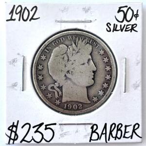 1902 Barber Half Dollar, 90% Silver, Circulated, U.S. Liberty Head, $235 Value Noted
