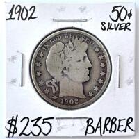 1902 Barber Half Dollar, 90% Silver, Circulated, U.S. Liberty Head, $235 Value Noted