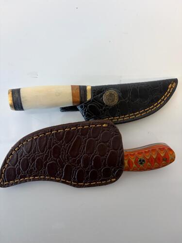 Damascus Steel Fixed Blade Knife Set &ndash; Custom Handles, Leather Sheaths, Hunter & Skinner Styles