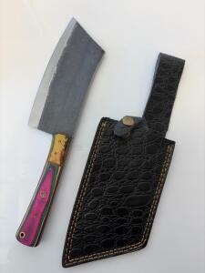 Handmade Cleaver Knife, Multicolor Wood Handle, Forged Carbon Steel Blade, Leather Sheath