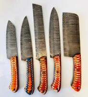 Custom Damascus Steel Kitchen Knife Set &ndash; Patterned Composite Handles, Mosaic Pins, Full Tang