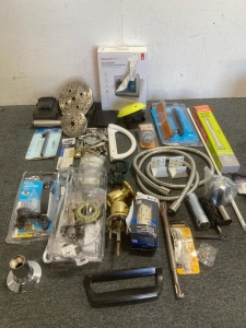 Assorted Items: Door Handle, Screw Driver attachments, top ported Tube Burner, handles, shower Heads, thermostat, hinges, kobalt Battery, plus more
