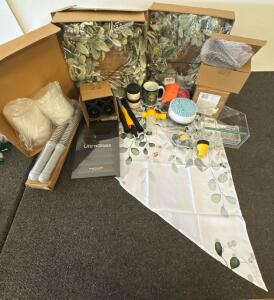 10 pound terra-cotta clay, Two Christmas Wreaths, brushes for hoses, 46 plastic cups with lids, see-through birdfeeder, Health support, power and more