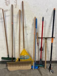 Mixed Yard Tool Lot: 10 pcs, Metal & Plastic Rakes, Snow Shovel, Fiskars Pruner, Squeegee/Broom, and more