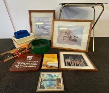 Assorted Vintage Art Prints, Plaques, Cooler, TV Tray & Pet Bowl &ndash; Home Decor Mixed Lot