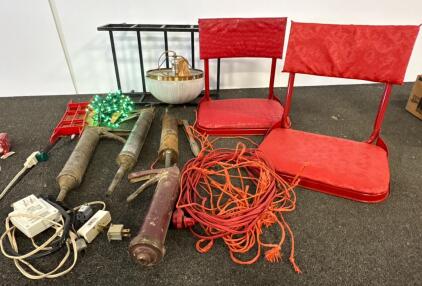 Lot of 4 Vintage Manual Grease Guns - Lever & Pistol Grip Types, Steel Body, 14 oz Capacity, two chairs for seating on benches, and more