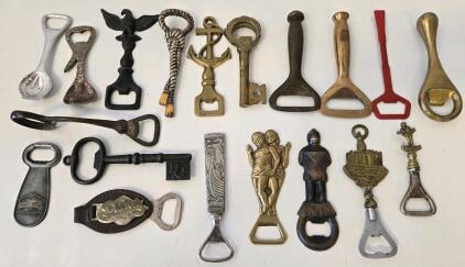 Assorted Vintage Bottle Openers Lot &ndash; Key, Nautical, Figural & Advertising Styles, Metal & Leather
