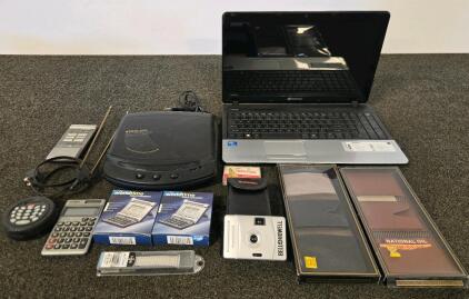 Vintage Electronics Lot &ndash; Philco VHS Video Cassette Rewinder, GE VCR Remote, Antenna, Laptop, Calculators, Camera & Misc Accessories Bundle