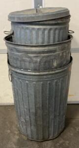 Vintage Galvanized Steel Trash Cans with Lids, 31 Gallon, Stackable, Fixed Handles