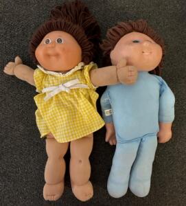 Cabbage Patch Kids Vintage Cloth Dolls, Brown Yarn Hair, Yellow Gingham Dress and Blue Pajamas, 16 Inch