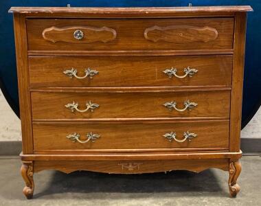 Vintage 4-Drawer Wooden Dresser, Cabriole Legs, Ornate Handles, Stenciled Markings 14921-8007