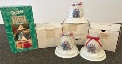 1996 Barbie Holiday Stocking Hanger & 3 Glass Ornaments Set, Original Boxes, Limited Edition