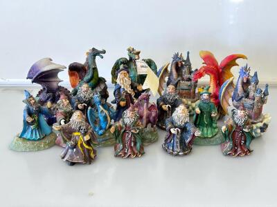 Fantasy Wizard & Dragon Figurine Collection &ndash; Hand Painted Resin Statues, Set of 17, 3-6 Inch Tall