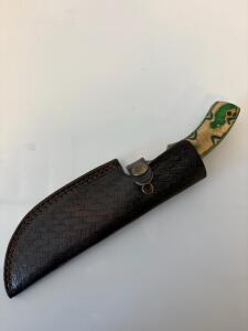 Custom Fixed-Blade Hunting Knife, 4.5" Drop Point, Patterned Handle, Leather Sheath