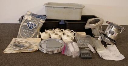 Mixed Commercial Kitchen Lot: T&S & Fisher Hoses, Warmers, Trays, Porcelain Creamers, Bus Bins