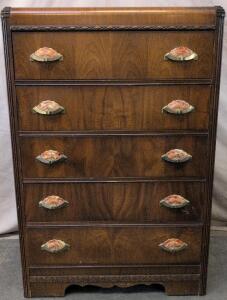 Art Deco 5-Drawer Tall Dresser w/ Bakelite Handles, Carved Wood Trim, c.1930s-40s, 48&rdquo; Tall