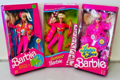 1990s Mattel Barbie Ski Fun #7811, Lights & Lace #9725, and Gymnast #9727 in Original Boxes