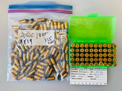 9mm Luger Handloaded Mixed-Brass Ammo, 115gr Cast & 125gr Hornady XTP JHP, Bag and Green Case Guard