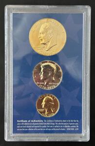 24kt Gold Layered 1976 U.S. Bicentennial Coin Set &ndash; Quarter, Half Dollar, Dollar, Box & COA