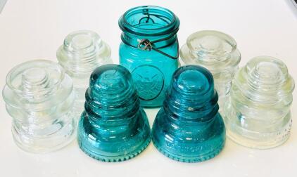 Vintage Hemingray & Clear Glass Power Line Insulators, 6pcs, CD 154/164, USA, Blue & Clear