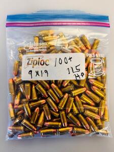 Bag Of 9mm Luger FMJ & JHP Brass Ammo &ndash; Mixed Blazer & Winchester 115gr, Ziploc Pack