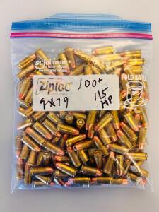 Bag Of 9mm Luger FMJ & JHP Brass Ammo &ndash; Mixed Blazer & Winchester 115gr, Ziploc Pack