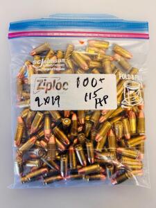 Bag Of 9mm Luger FMJ & JHP Brass Ammo &ndash; Mixed Blazer & Winchester 115gr, Ziploc Pack