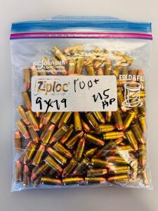 Bag Of 9mm Luger FMJ & JHP Brass Ammo &ndash; Mixed Blazer & Winchester 115gr, Ziploc Pack
