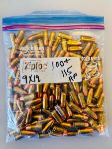 Bag Of 9mm Luger FMJ & JHP Brass Ammo &ndash; Mixed Blazer & Winchester 115gr, Ziploc Pack