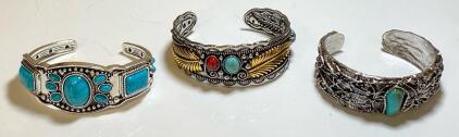 Set of 3 Southwest Turquoise Silver Tone Cuff Bracelets, Ornate Native American Style Designs