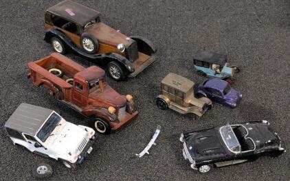 Lot of Wooden & Die-Cast Vintage Model Cars/Trucks, 1:18&ndash;1:24 Scale, Mixed Condition