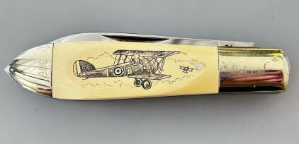 KA-BAR Union UCC/87 Trapper Folding Knife, WWII Aircraft Art, Dual Blade, Serial #986, USA