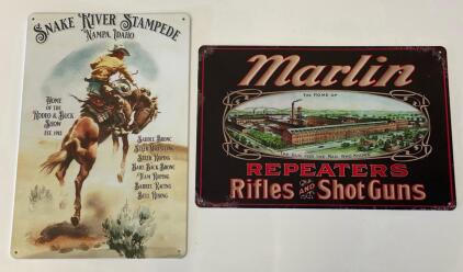 Set of 2 Vintage-Style Metal Signs: Marlin Rifles Shotguns & Snake River Stampede Rodeo
