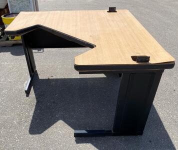 Sturdy L-Shaped Corner Office Desk &ndash; Woodgrain Top, Black Metal Frame, Cable Cutouts