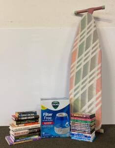 Household Lot: Vicks Cool Mist Humidifier, Ironing Board, 11 Books, 12 DVDs (Ice Age, WWII)