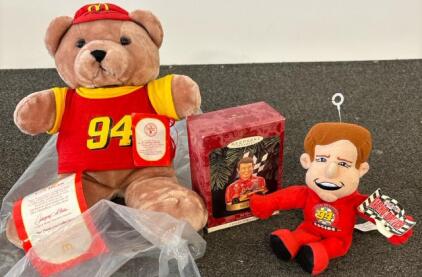 Bill Elliott #94 NASCAR Collectibles Lot: Hamilton Fan Bear, Hallmark Ornament, Plush Doll